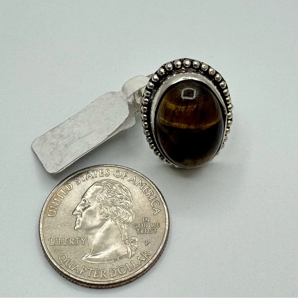 New Tiger’s Eye Cabochon Silver Tone Statement Ring Size 6
